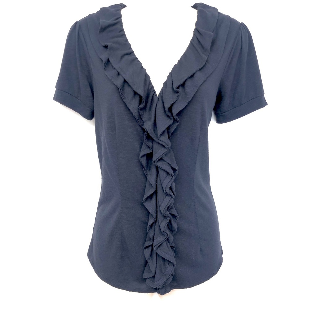 Ann Taylor Loft Navy Ruffle Front Short Sleeve Blouse